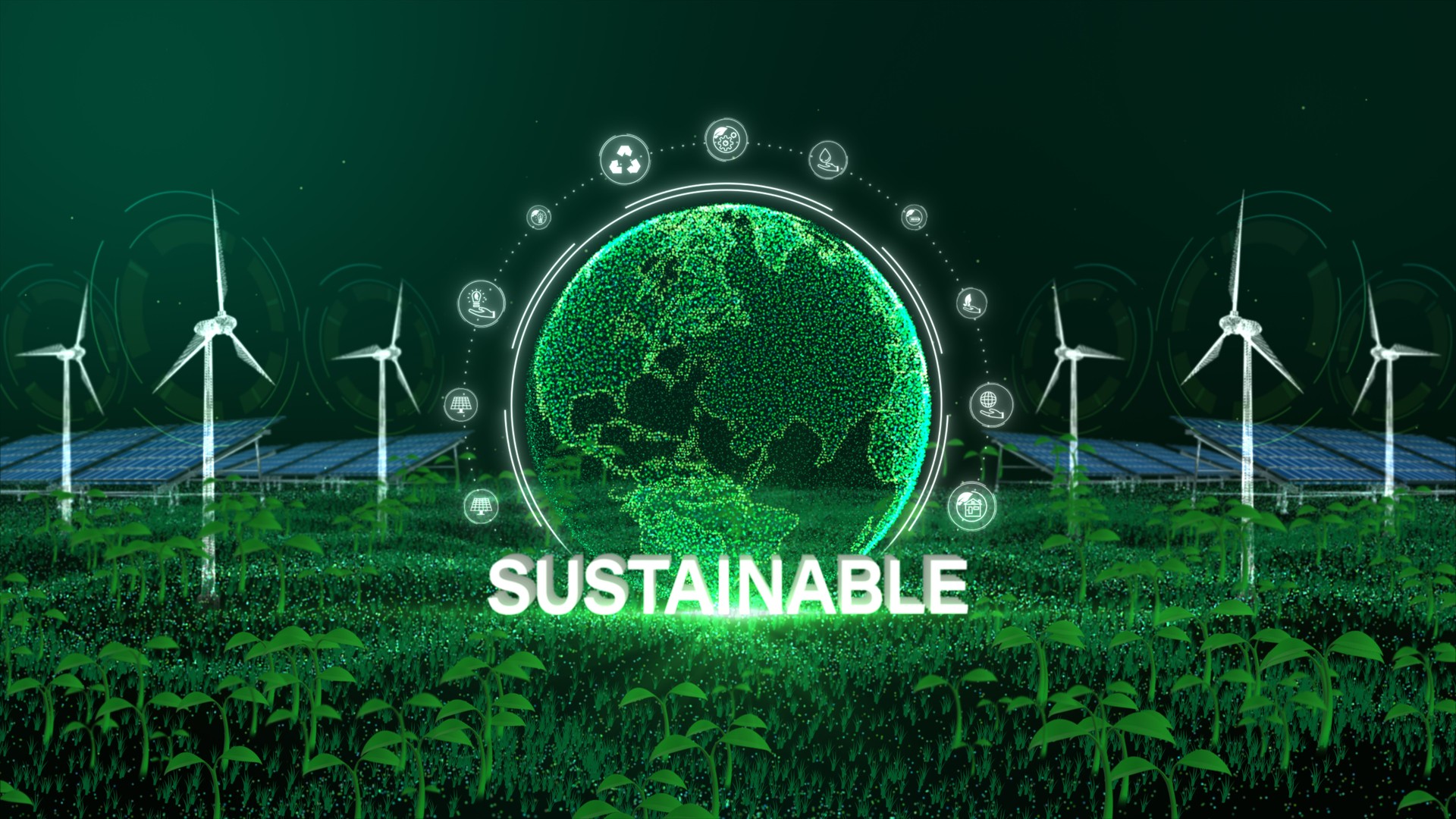 Green energy landscape showcasing sustainability with wind turbines, solar panels, and a vibrant green earth, symbolizing renewable energy sources. 3d rendering