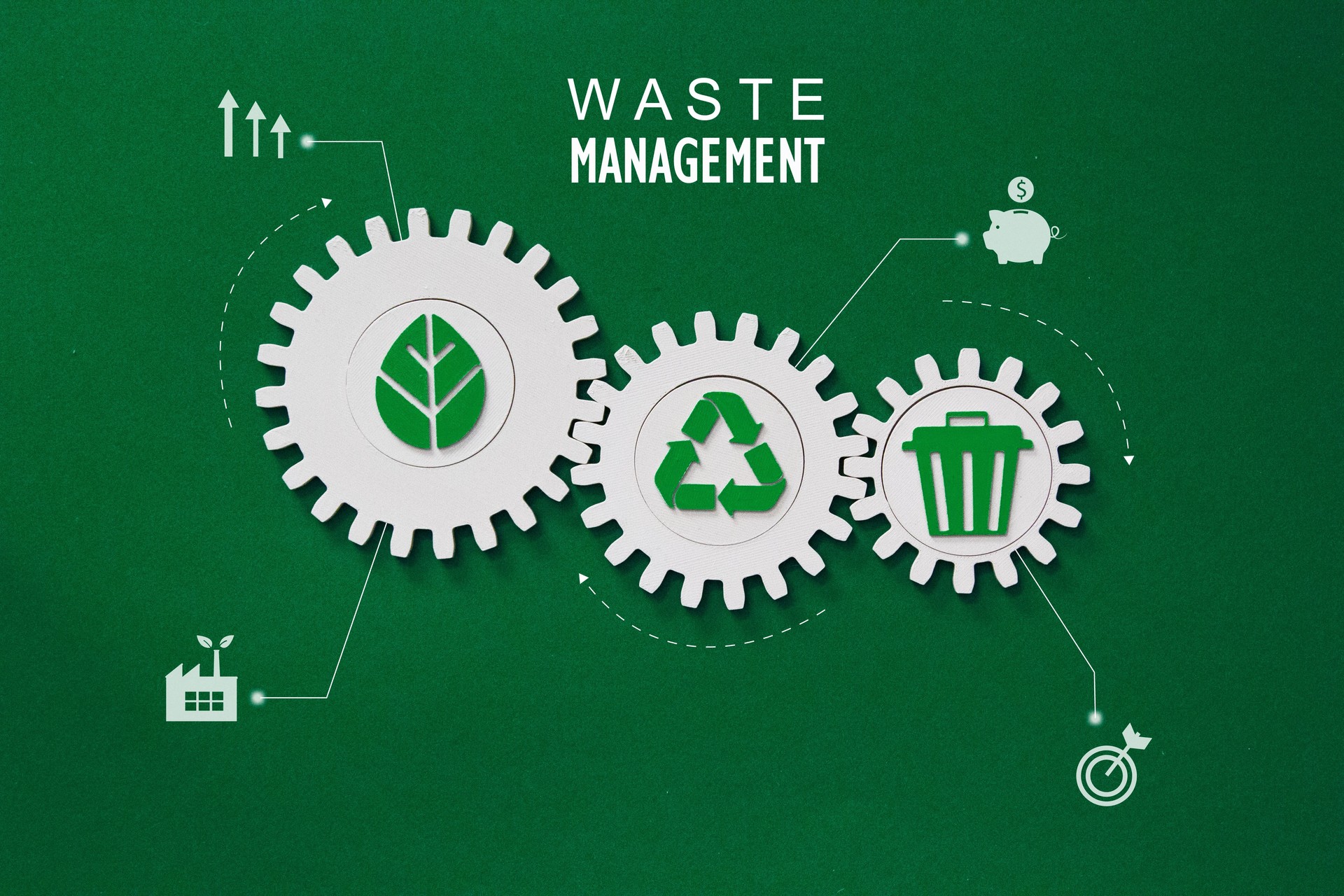 Waste management with recycling icons and disposal gears on green background