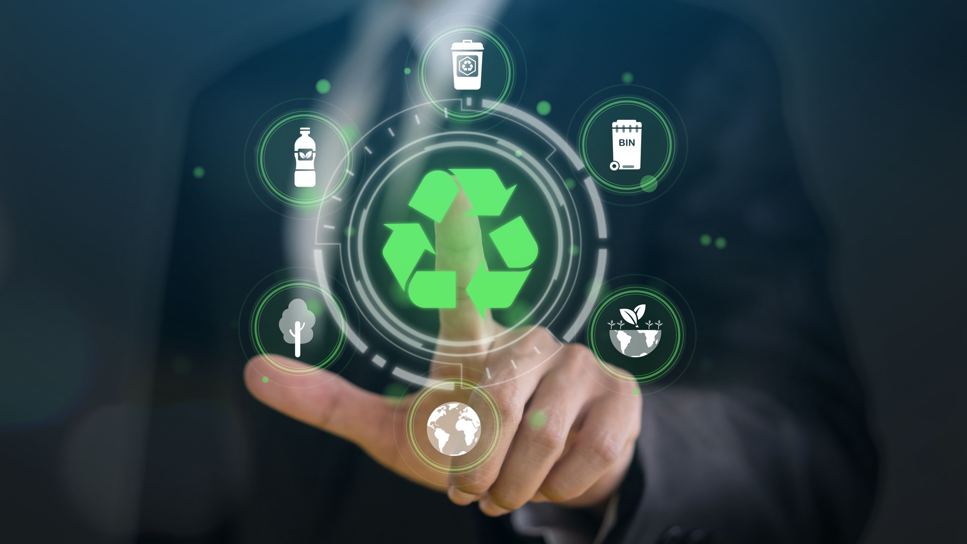 Recycling in environmental sustainability, hand hold glowing green recycling symbol, bins, plastic bottles and reducing carbon emissions, protect the environment, reducing waste, recycling materials
